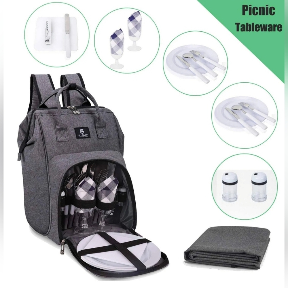 NEW NWT ALLCamp Picnic Backpack, Gray, Includes Blanket, Plates, Complete Set
